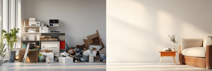 Aufkleber - Cluttered versus tidy interior view showcasing stark contrast in organization and cleanliness levels in a living space. Generative AI