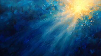 Sticker - A vibrant sunburst illuminates the azure depths, casting ethereal rays. Sapphire Ocean Depths. Illustration