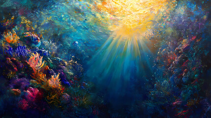 Sticker - A vibrant sunburst illuminates the azure depths, casting ethereal rays. Sapphire Ocean Depths. Illustration