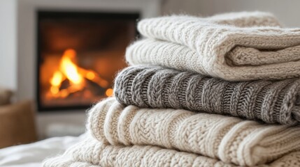 Poster - Cozy knitted blankets stacked near a warm fireplace creating a inviting winter atmosphere in a living room setting. Generative AI