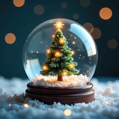 Poster - Miniature shiny Christmas tree in a snow globe, sparkling snow , winter wonderland, miniature, backdrop