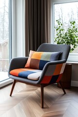 Poster - Chair with colorful cushion positioned in front of a window with natural light and soft background