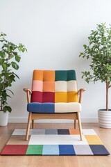 Poster - Colorful geometric rug on wooden floor in bright living room with natural light and minimalistic decor