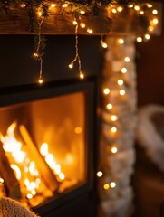 Poster - Warm lights twinkle around a cozy fireplace adorned with holiday decorations in a charming living room setting. Generative AI