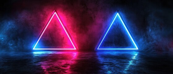 Wall Mural - futuristic neon triangles glowing in dark smoky room with wet floor pink and blue fluorescent lights