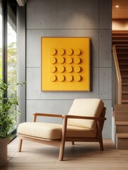 Poster - Chair in a room with yellow wall and photo decoration on the wall creating a cozy atmosphere