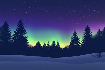 Poster - Captivating northern lights illuminate the night sky over a serene winter landscape filled with pine trees. Generative AI