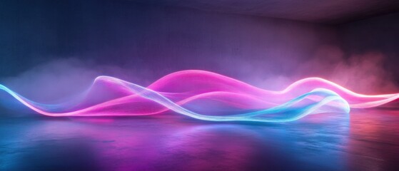Wall Mural - abstract neon light waves flowing in a dark room with smoky atmosphere futuristic pink and blue glow