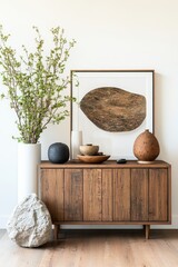 Poster - Vase and decorative items on wooden cabinet with natural lighting and simple background