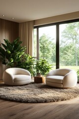 Poster - Large window with a scenic view of nature and a framed photo on the windowsill