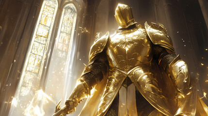 Poster - Celestial paladin in radiant golden armor bathed in divine light within a cathedral. Celestial Knights. Illustration