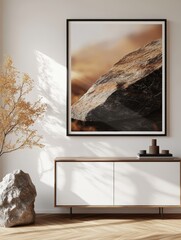 Poster - Large decorative rock placed prominently in a modern room with natural light and minimalistic decor