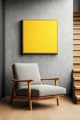 Poster - Chair in a room featuring a yellow painting on the wall with a photo displayed nearby