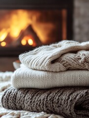 Poster - Cozy atmosphere with stacked sweaters near a warm fireplace in a comfortable living room setting. Generative AI