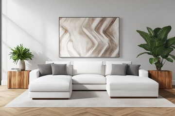 Poster - Living room interior with a large abstract painting on the wall and modern furniture arrangement