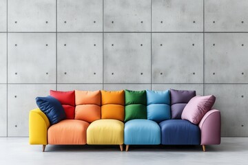Poster - Colorful couch positioned against a textured concrete wall in a modern interior design setting