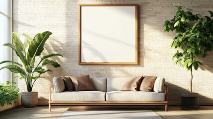 Aufkleber - couch with pillows and a plant in a bright living room interior setting