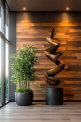 Poster - tall metal spiral sculpture displayed in a modern room with natural light illuminating the artwork