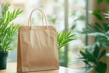 Aufkleber - Eco friendly paper bag on a wooden table with green plants in a bright indoor space, inviting for personalized messages. Generative AI