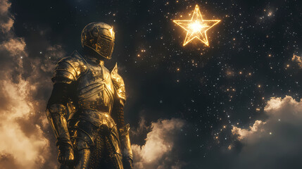 Poster - A knight clad in shining gold armor stands against a dark starry sky, bathed in celestial light, with swirling clouds and a radiant star above their head. Celestial Knights. Illustration