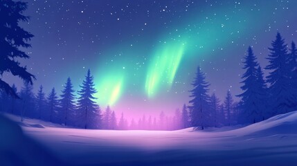 Aufkleber - Northern lights illuminate a serene winter landscape with tall trees and a tranquil snowy ground. Generative AI