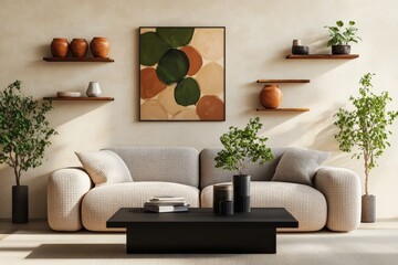 Poster - Modern living room interior featuring a couch coffee table and decorative elements in a bright setting