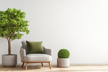 Poster - chair and potted plant in bright white room with natural light and minimalist decor