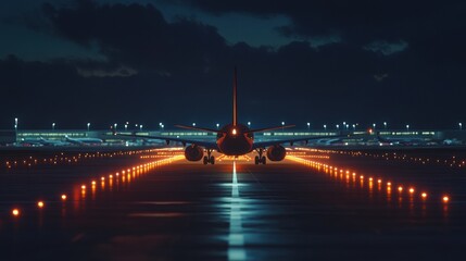 Poster - Airplane preparing for takeoff at night with illuminated runway lines and clouds in the sky. Generative AI