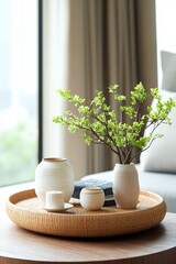 Poster - Small green plant in a glass vase on a wooden table with natural light background
