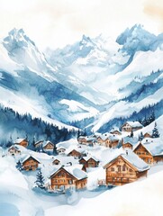 Aufkleber - Snow covered village nestled in the mountains during winter with picturesque views of peaks and wooden chalets. Generative AI