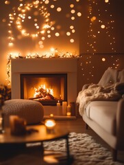 Poster - Warm and cozy living room with a fireplace and festive lights during a winter evening celebration. Generative AI