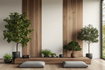 Poster - Interior room with wooden floor planter and natural light coming through window