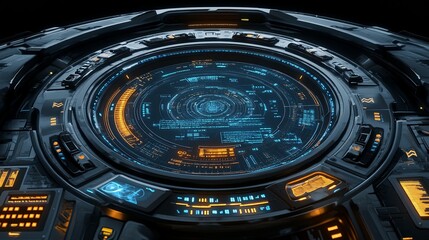 Poster - High-tech futuristic control panel displaying glowing interfaces and data in a sci-fi environment
