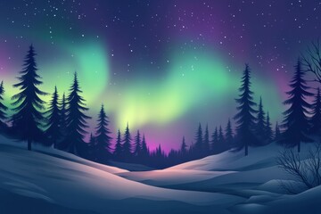 Poster - vivid auroras illuminate a snowy landscape with evergreen trees under a starry night sky in winter. 