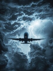 Fototapete - Stormy skies over a commercial airplane flying through dark clouds and lightning during a turbulent flight. Generative AI