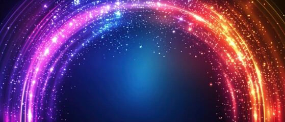 Poster - Vibrant abstract background with swirling light trails, sparkling particles, and a colorful gradient from purple to orange on a dark blue backdrop Ideal for digital art, graphic design, and futuristic