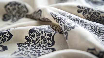 Fototapete - close up view of intricate patterned fabrics featuring floral and geometric designs with ample blank