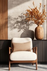 Poster - chair with pillow and vase of flowers on table in brightly lit room interior design