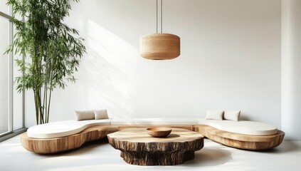 Wall Mural - Serene Minimalist Living Room:  Organic Wood Furniture and Bamboo