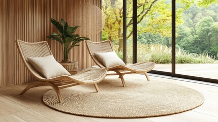 Sticker - A serene reading nook with eco-friendly rattan chairs and a jute rug.