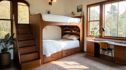 Sticker - A space-saving bunk bed with a built-in desk and storage shelves.