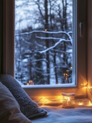 Aufkleber - Cozy winter evening with fairy lights and snow covered trees outside a window. Generative AI