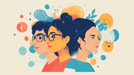 Poster - Three women in profile, surrounded by abstract shapes representing ideas and innovation.