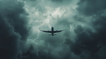Poster - Dramatic flight through stormy skies with lightning illuminating dark clouds. Generative AI