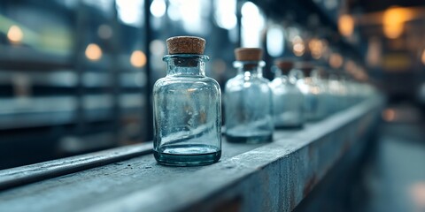 Glass bottles on shelf, industrial background, product display