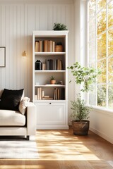 Poster - Modern white couch with decorative pillows in bright living room setting and natural light