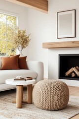 Poster - Modern white couch with colorful cushions in a bright living room setting with natural light