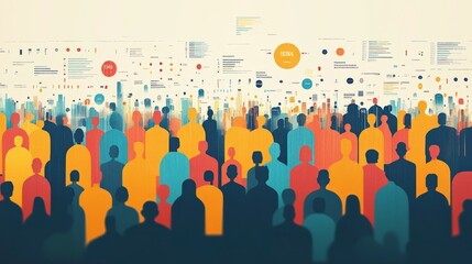 Aufkleber - Colorful crowd silhouettes against a backdrop of cityscapes and data visualizations.