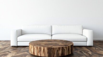 Poster - white couch with wooden coffee table in a modern living room setting with decorative items