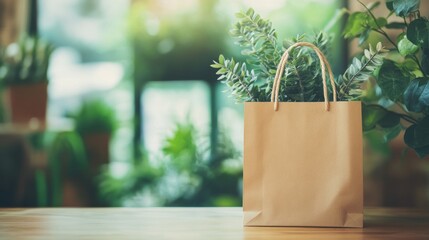 Aufkleber - Eco friendly paper bag stands on a wooden table surrounded by lush green plants in a bright indoor setting. Generative AI